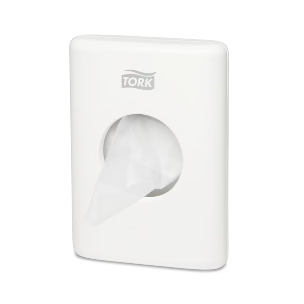 A Tork 566000 hygiene bag dispenser Elevation B5, designed for wall mounting, elegantly presents the brand 'TORK - Essity Professional Hygiene Germany GmbH' at the top. A bag is partially pulled out from the central opening, enhancing both comfort and style in your space.