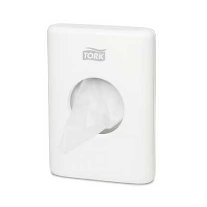 A Tork 566000 hygiene bag dispenser Elevation B5, designed for wall mounting, elegantly presents the brand 'TORK - Essity Professional Hygiene Germany GmbH' at the top. A bag is partially pulled out from the central opening, enhancing both comfort and style in your space.