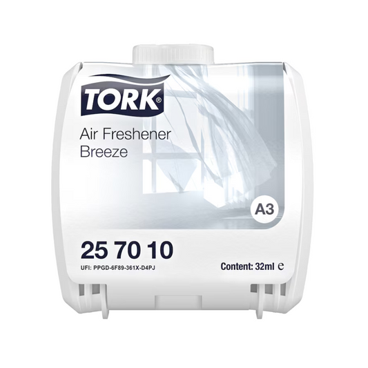 Eine TORK-Einheit mit der Aufschrift „Tork Kontinuierlicher Lufterfrischer, verschiedene Düfte“, dem Produktcode „25 70 10“ und einem Fassungsvermögen von 32 ml. Das Bild „Treibmittelfrei“ zeigt das Außengehäuse der Einheit mit einer Teilansicht wehender Vorhänge im Hintergrund.