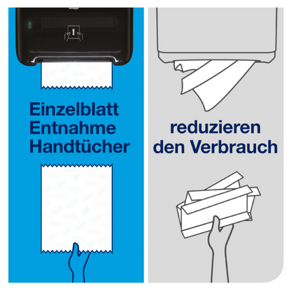 A split image shows on the left a paper towel dispenser with the German text "Single sheet removal towels" and a hand pulling a Tork Matic® extra-long roll towel. On the right, another hand grabs multiple towels under the motto "reduce consumption," highlighting the efficiency of Tork Matic® 290059 by TORK – Essity Professional Hygiene Germany GmbH.