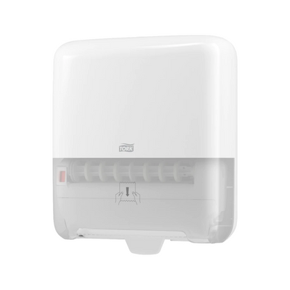 We present the Tork Matic® 551000 dispenser for roll towels Elevation H1 from TORK, Essity Professional Hygiene Germany GmbH. This white, wall-mounted paper towel dispenser features a transparent lower section for easy monitoring of the fill level. It has a paper feed mechanism and a hand symbol to assist users in pulling out individual sheets from the roll towels.