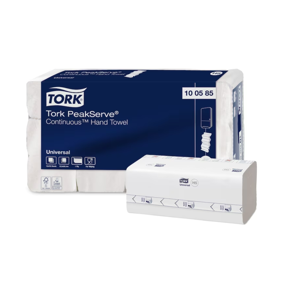 The Tork PeakServe® 100585 Endless™ Hand Towels from Essity Professional Hygiene Germany GmbH are characterized by a packaging design that is predominantly white with blue accents and text. These single-ply universal hand towels are known for their softness and absorbency, making them ideal compressed towels for environments with high visitor traffic. The product is available in a box with 12 packs.
