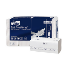 On the packaging of Tork PeakServe® 100589 Endless™ Hand Towels Advanced H5 1-ply, the product name and logo are clearly visible, accompanied by an illustration of the single towel dispensing. Surrounding symbols emphasize features such as high capacity and quick dispensing. The packaging number 100589 is clearly visible.