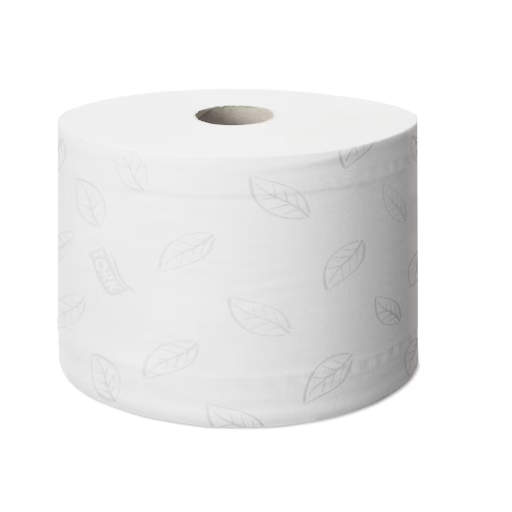 Eine weiße Rolle von Tork SmartOne® Toilettenpapier | Karton (6 Rollen) von TORK mit dezentem Blattmusterdruck. Die Rolle erscheint voll und unbenutzt, was eine hygienische Einzelblattentnahme gewährleistet.