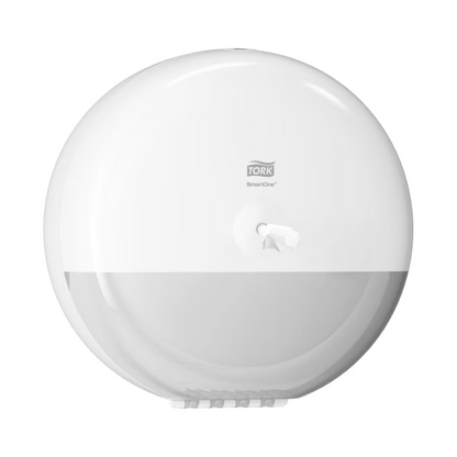 The Tork SmartOne® 680000 toilet paper dispenser Elevation T8 from Essity Professional Hygiene Germany GmbH features a sleek, round design with single sheet dispensing. A small opening in the center allows easy access to the paper, while the brand name and logo are elegantly displayed on the front.