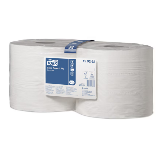 Eine Packung TORK Tork 128408 Standard-Papierwischtücher Universal W1 2-lagig 36,9 cm breit | Karton (2 Rollen), die zwei große weiße Rollen enthält. Die Verpackung verfügt über ein blaues Etikett mit Produktinformationen und Spezifikationen. Diese 2-lagigen Rollen sind für den gewerblichen Einsatz konzipiert und eignen sich perfekt für eine effiziente Aufrechterhaltung der Hygiene.