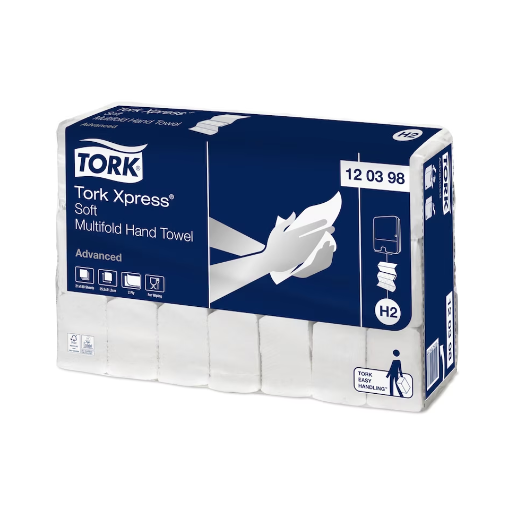 A pack of Tork Xpress® 120398 soft multifold hand towels Advanced H2 2-ply, featuring a design with hands on the towels and blue and white elements, made from recycled fibers and with 21 packs per carton.