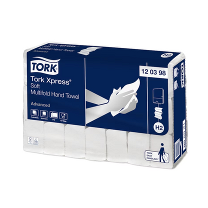 A pack of Tork Xpress® 120398 soft multifold hand towels Advanced H2 2-ply, featuring a design with hands on the towels and blue and white elements, made from recycled fibers and with 21 packs per carton.