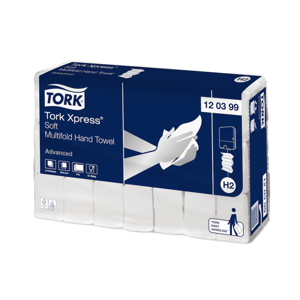 Bild einer Packung Tork Xpress® 120399 weiches Multifold-Handtuch Advanced H2 2-lagig 34cm | Karton (21 Packungen). Die Packung mit einer blauen Vorderseite mit dem TORK-Logo und dem Produktnamen in weißer Schrift zeigt eine Grafik von Händen und einem Spender sowie Etiketten, die auf die fortschrittliche Qualität des Handtuchs, die Kompatibilität mit dem H2-System und die Verwendung von 100 % recycelten Fasern hinweisen.