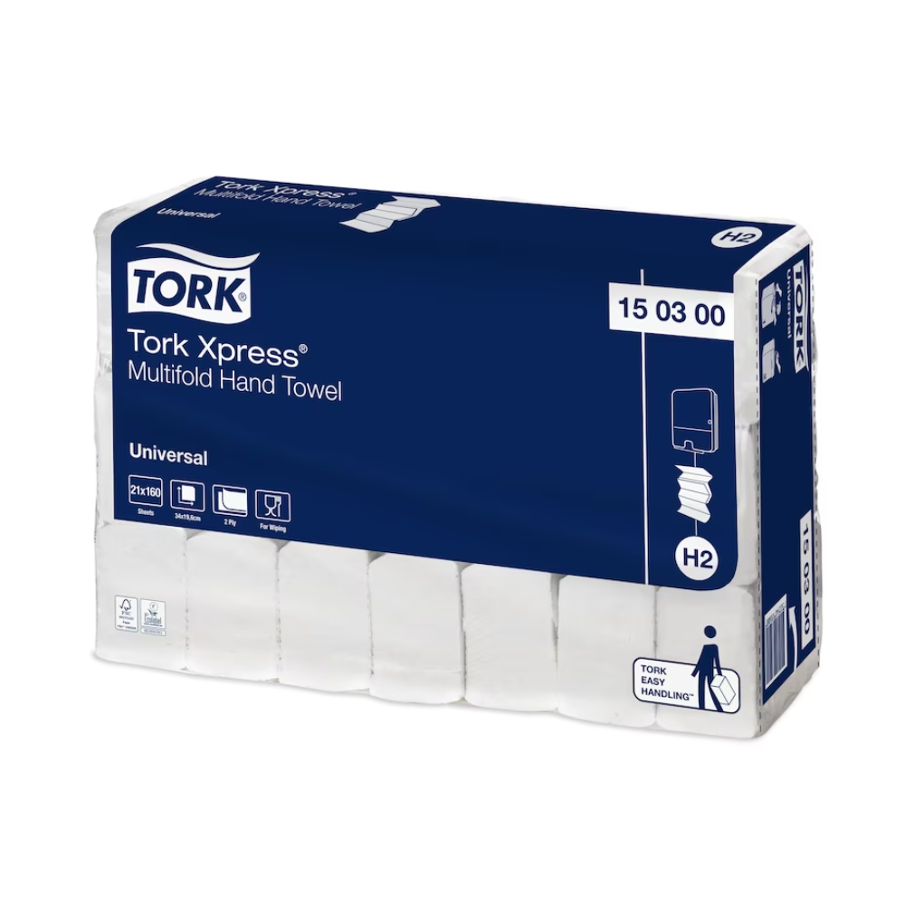 Abgebildet ist eine Packung Tork Xpress® 150300 Multifold-Handtücher Universal H2 2-lagig 34cm | Karton (21 Packungen). Die Verpackung ist überwiegend dunkelblau mit weißen Akzenten und Text, was auf 21 Packungen mit je 100 Multifold-Handtüchern hinweist. Außerdem werden Symbole angezeigt, die die Funktionen darstellen.