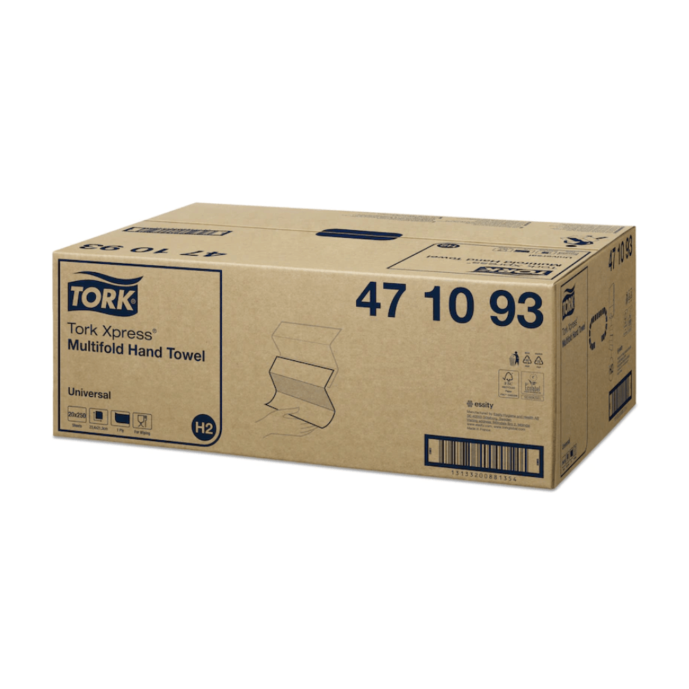 Pictured is a box with Tork Xpress® 471093 Multifold Towels Universal H2 1-ply from TORK – Essity Professional Hygiene Germany GmbH. The box is labeled with product information such as the article number and features images and symbols of Universal H2 as well as a barcode on the side.