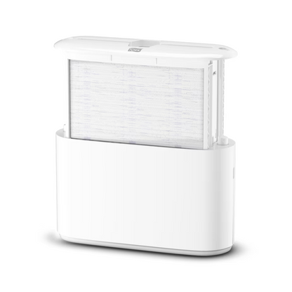 The Tork Xpress® 552200 Tabletop Dispenser for Multifold Hand Towels Elevation H2 from TORK - Essity Professional Hygiene Germany GmbH impresses with a sleek, minimalist design featuring a visible filter integrated into the base. The vertically positioned filter enhances the overall aesthetics, and the top is slightly open to demonstrate its efficient functionality.