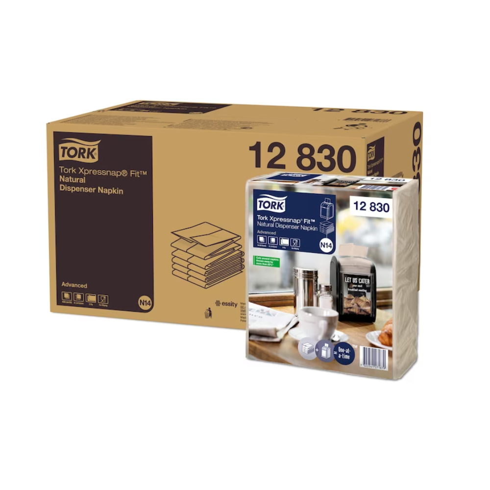 A large brown box branded with the Tork Xpressnap Fit® dispenser napkin N14 1-ply from TORK – Essity Professional Hygiene Germany GmbH and a smaller napkin package made from 100% recycled fibers show napkins elegantly arranged on a table with cups and cutlery. The product number 12830 is clearly visible on both items.