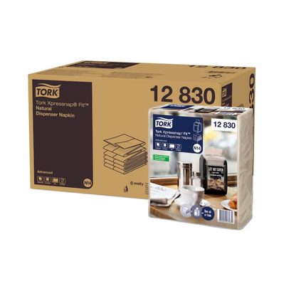 A large brown box branded with the Tork Xpressnap Fit® dispenser napkin N14 1-ply from TORK – Essity Professional Hygiene Germany GmbH and a smaller napkin package made from 100% recycled fibers show napkins elegantly arranged on a table with cups and cutlery. The product number 12830 is clearly visible on both items.