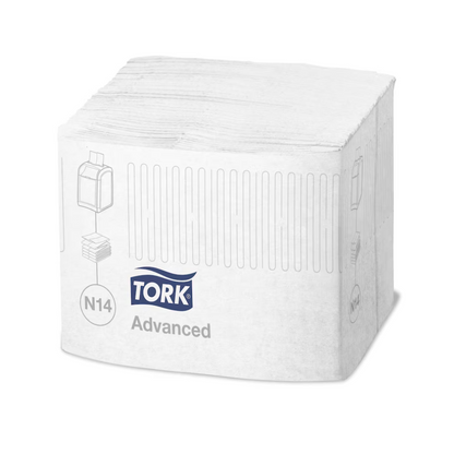The Tork Xpressnap Fit® dispenser napkin N14 1-ply, manufactured by TORK – Essity Professional Hygiene Germany GmbH, is elegantly packaged and features a simple graphic design. These white napkins are made from 100% recycled fibers, making them a sustainable choice for your needs.