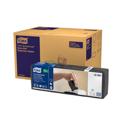 Image of the Tork Xpressnap® 15850 Extra Soft Dispenser Napkin N4 2-ply packaging. On the left, a brown box with a blue label shows product details. On the right, a smaller pack shows a hand pulling an Extra Soft Dispenser Napkin from a dispenser, demonstrating how it helps reduce napkin consumption. The product is offered by TORK – Essity Professional Hygiene Germany GmbH and is delivered in a box with 8 packs.