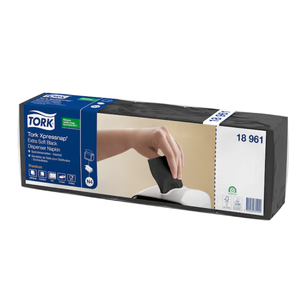 The image shows a package of the Tork Xpressnap® 15850 Extra Soft Dispenser Napkin N4 2-ply and emphasizes its premium quality. A photo shows a hand skillfully pulling a napkin from the dispenser, which is intended to reduce napkin consumption. The packaging contains information about eight packs per box and is associated with the TORK – Essity Professional Hygiene Germany GmbH brand.