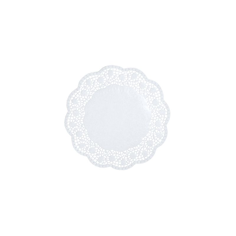 The PAPSTAR round, white doilies from PAPSTAR GmbH are round, white doilies with an intricate lace-like edge pattern on a plain white background, ideal for presenting pastries.