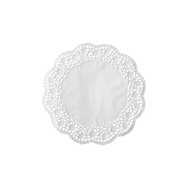 The PAPSTAR 100 round, white doilies from PAPSTAR GmbH is a round, FSC-certified paper doily with a solid center and decorative edge on a white background.
