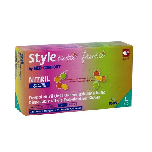 AMPri Med-Comfort Bunte Nitrilhandschuhe der AMPri Handelsgesellschaft mbH sind farbenfrohe Einmal-Untersuchungshandschuhe aus Nitril mit farbenfrohen Obstmotiven. Die Box ist mit den Aufschriften „puderfrei“ und „chemikalienbeständig“ versehen und enthält jeweils 24 Handschuhe mit den Duftnoten Zitrone, Apfel, Grenadine und Orange. Größe L, 8-9.