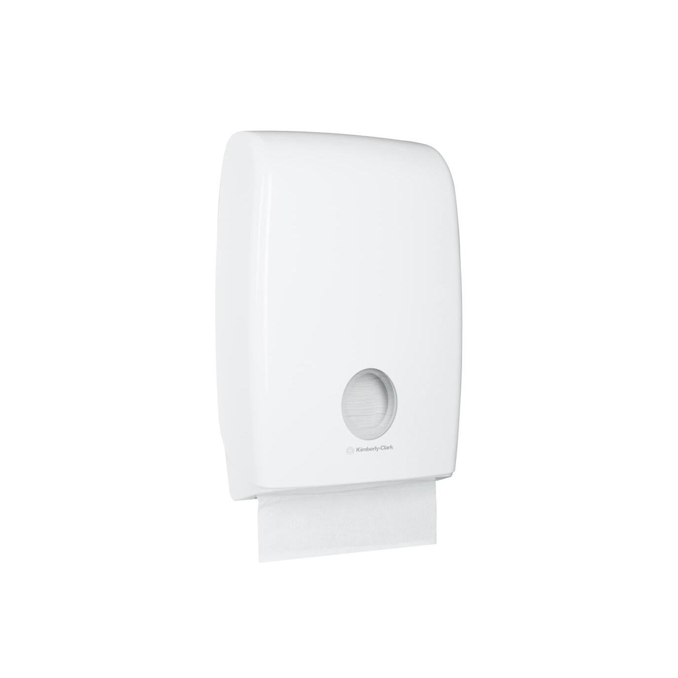 The Aquarius™ Multifold Dispenser for folded hand towels from Kimberly-Clark GmbH is a white, wall-mounted towel dispenser with a viewing window and a modern, minimalist design - ideal for the efficient dispensing of multifold towels.