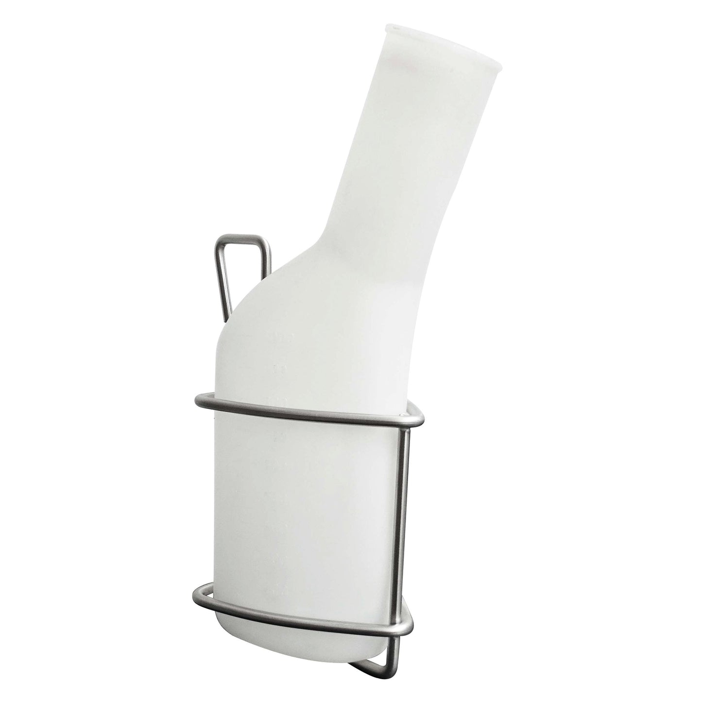 A white male urinal made of plastic with a long, angled neck and measurement markings fits into the Novocal stainless steel urine bottle holder, which is attached to the patient's bed; handle on the back for easy handling. Package: 1 piece.