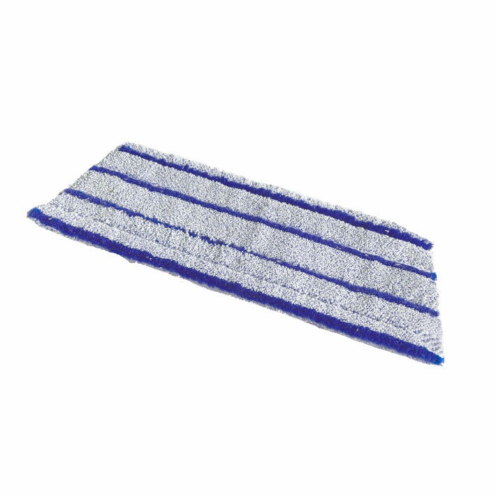 Der Arcora Ultra Runner Blue Velcro Wischbezug von Arcora International GmbH ist ein rechteckiger blau-weißer Mikrofaser-Wischbezug mit parallelen blauen Streifen, der für professionelle Reinigungssysteme und eine effektive Bodenreinigung konzipiert ist. Abgebildet auf einem weißen Hintergrund.