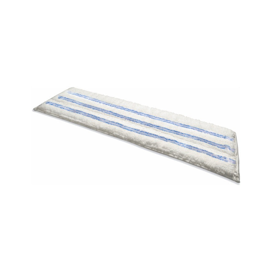 Ein Arcora ultra soft-klett moppbezug 40 cm nan von Arcora International GmbH, rechteckig und weiß mit zwei horizontalen blauen Streifen und hellgrauen Rändern, steht auf einem weißen Hintergrund.