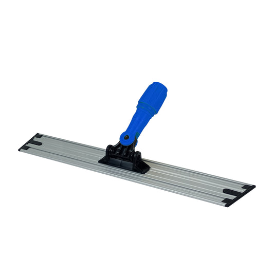 Der Arcora Ultra Velcro Klettmopphalter Aluminium von Arcora International GmbH verfügt über einen langen, flachen, silbernen Aluminiumfuß mit blauen und schwarzen Akzenten und einem Kunststoffwirbel zur Stielbefestigung - ideal für die professionelle Bodenreinigung, hier in weiß.
