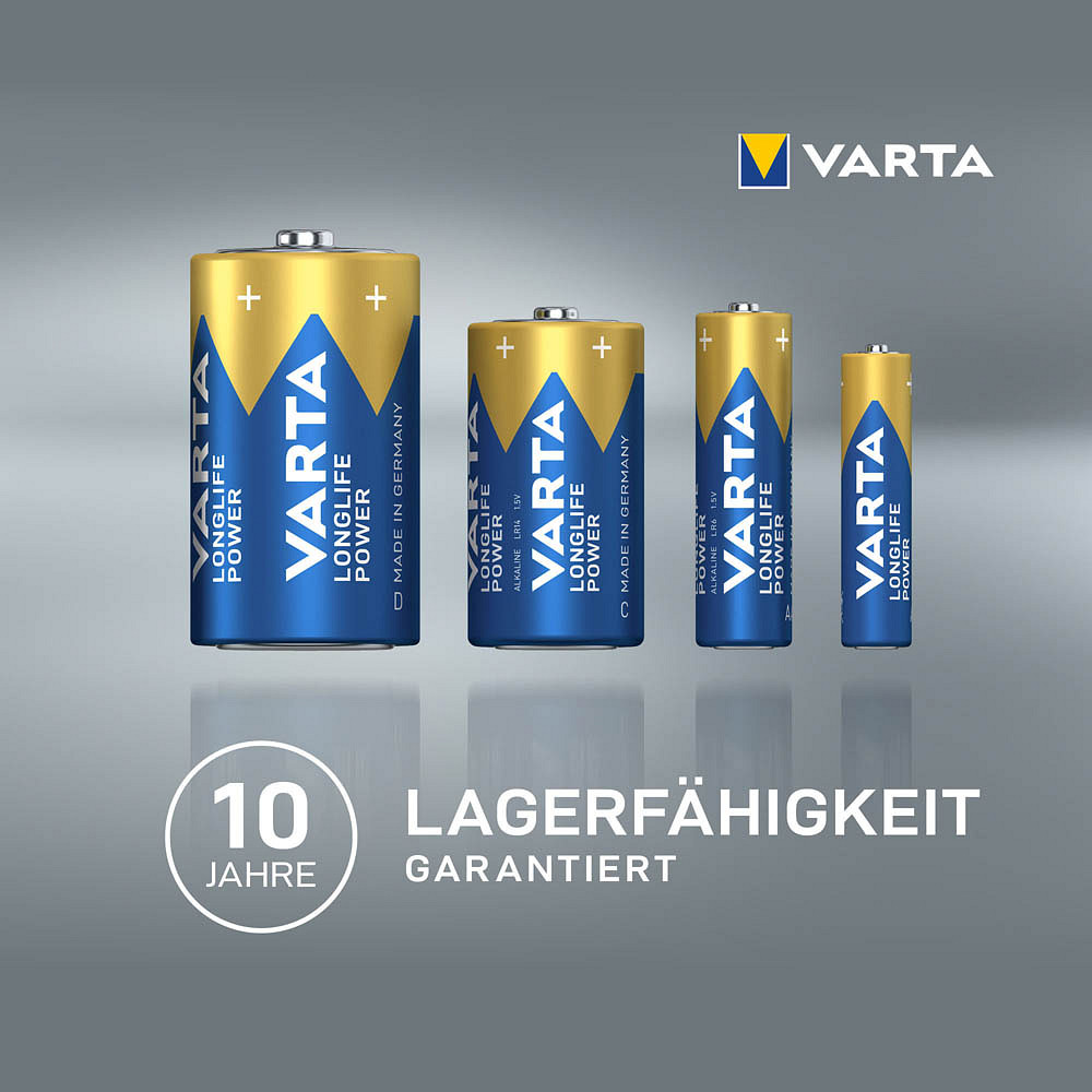 Das Bild zeigt vier Varta Longlife Power 4906 AA Batterien (D, C, AA, AAA) in absteigender Größe von links nach rechts. Unten links steht „10 Jahre Lagerfähigkeit Garantiert“, was auf eine 10-jährige Haltbarkeitsgarantie hinweist. Oben rechts ist das Logo der Varta AG positioniert.