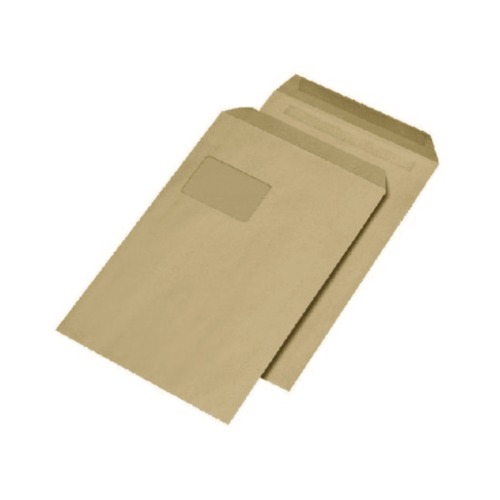 A pair of unprinted, self-adhesive Liebl shipping envelopes C4 229 x 324 mm, 90 g, made of brown kraft, Manila envelopes each with a small transparent window, partially overlapping, against a light background.