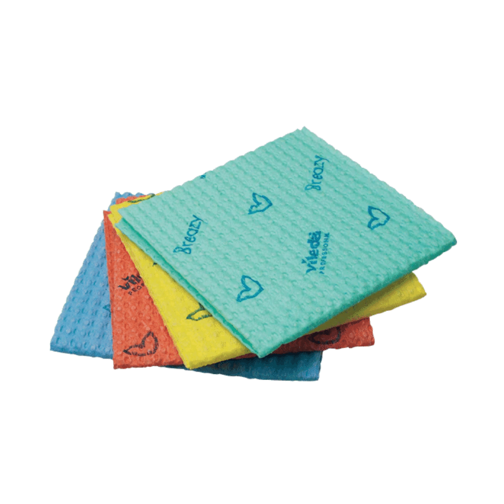 A set of four Vileda Breazy short-term cloths from Vileda GmbH in blue, yellow, red, and green. Each cloth has a textured surface with heart motifs and text, ensuring exceptional cleaning performance.