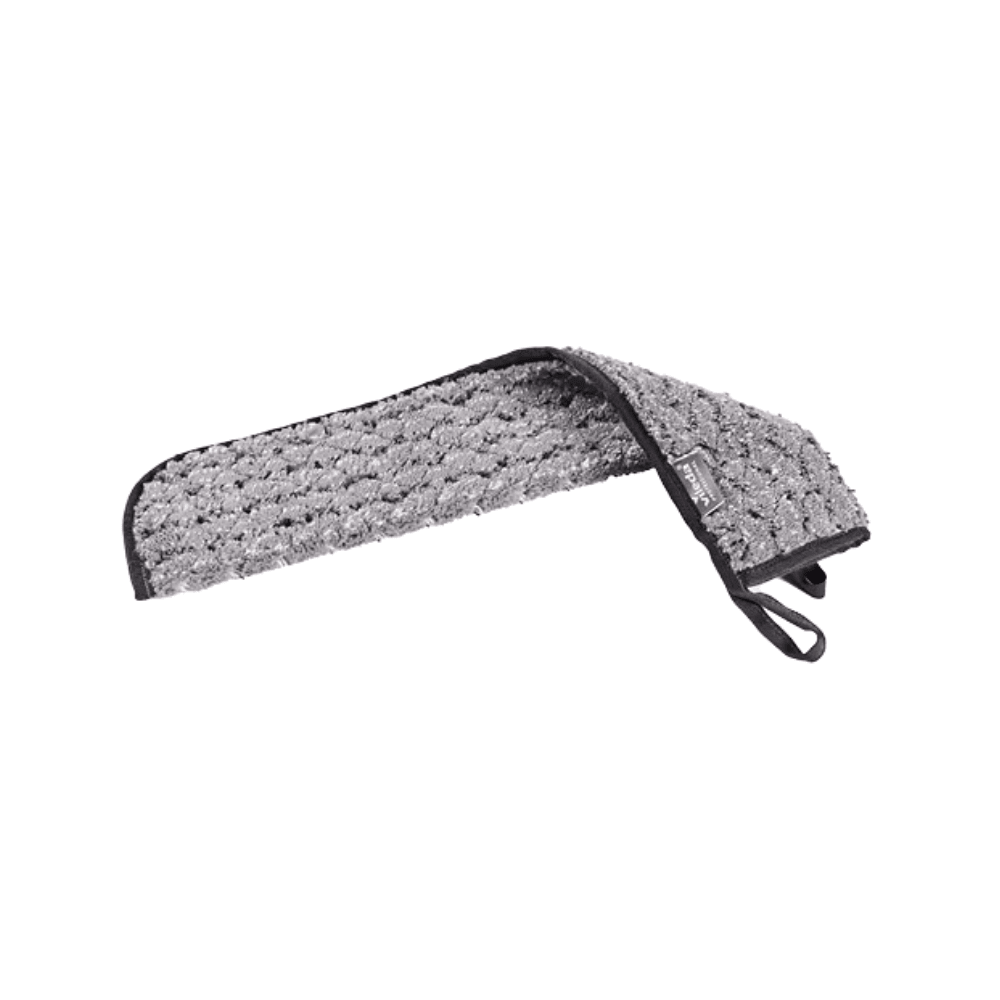 A Vileda MultiDuster Maxi r-Micro Plus Pro dust mop from Vileda GmbH, featuring a gray microfiber pad with black edging, a textured surface, and two small black loops at one end, designed for hygienic cleaning and excellent dirt-trapping capacity.