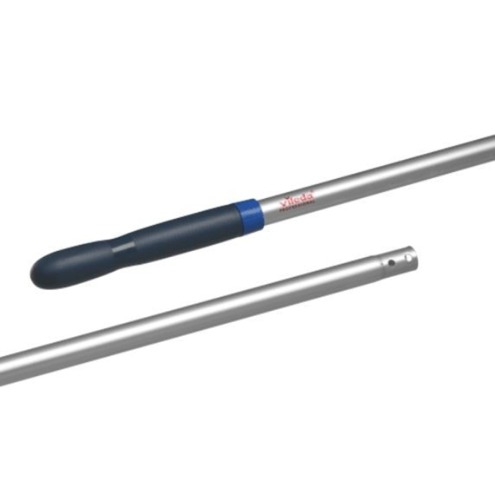 Pictured are two sections of the Vileda Professional Aluminum Handle Clip blue - 150 cm. The upper section features an ergonomic handle with a blue grip and red branding. The lower section, manufactured by Vileda GmbH, has two small holes for fastening and supports the four-color system.