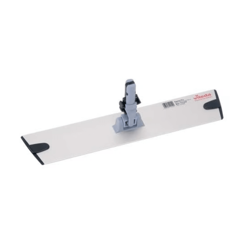 The Vileda GmbH Professional Express Pro Mop Holder - 40 cm | Pack (1 piece) includes a flat mop head with a light gray rectangular base and a central hinged attachment, ideal for professional cleaning. Its ergonomic trapezoidal design is enhanced by slightly raised edges and small dark gray pads at each corner.