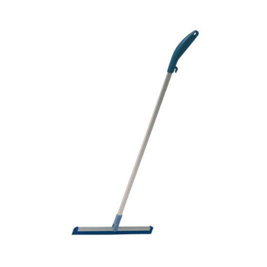 The Vileda Professional sweeper from Vileda GmbH presents itself in an elegant blue-white design with a long handle and rubber squeegee, ideal for cleaning surfaces. Its angled handle features a convenient hole for hanging, while the blade is horizontally attached at the base.