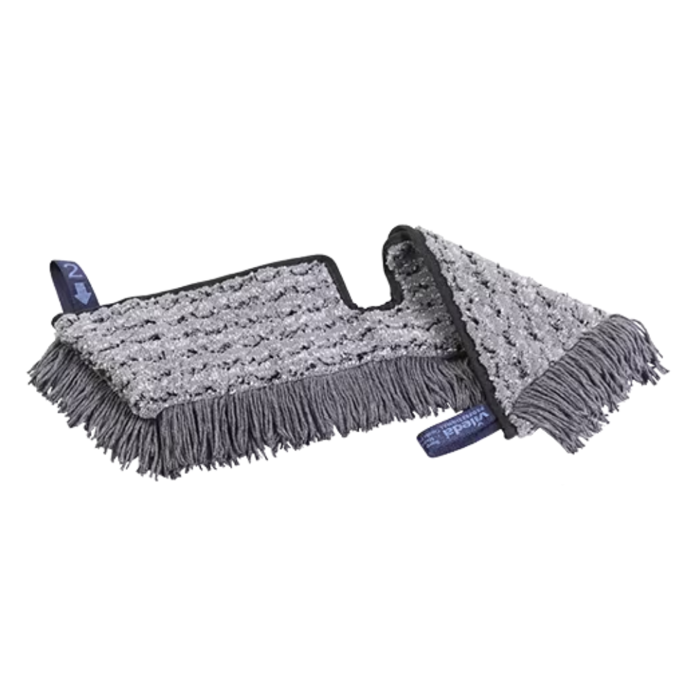 A Vileda Professional Swep Duo r-MicroCombi Mop with a size of 50 cm, manufactured by Vileda GmbH, features a gray microfiber mop head with fringe edges on a white background. The mop head is equipped with two blue markings and a textured surface indicating its cleaning performance.