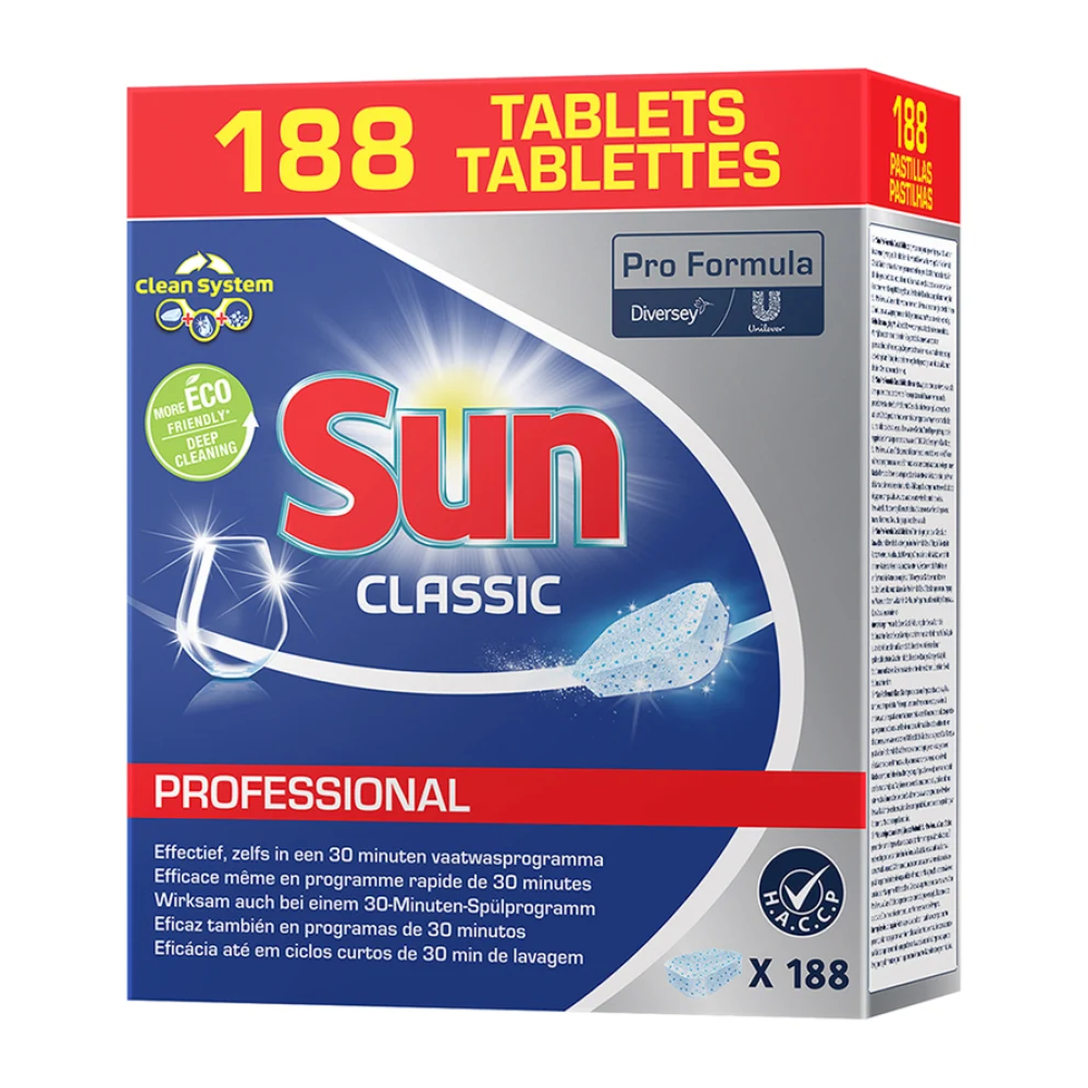 Eine Schachtel Diversey SUN Professional Classic Tabs, Reinigertabs für die Spülmaschine. Die Schachtel ist oben in großen roten Buchstaben mit „188 Tabletten“ gekennzeichnet und zeigt deutlich das Sun-Logo. Diese Sun Pro Formula Geschirrspültabletten heben ihre umweltfreundliche und effiziente Reinigungsformel hervor und sorgen für eine gründliche Reinigung Ihres Geschirrs.