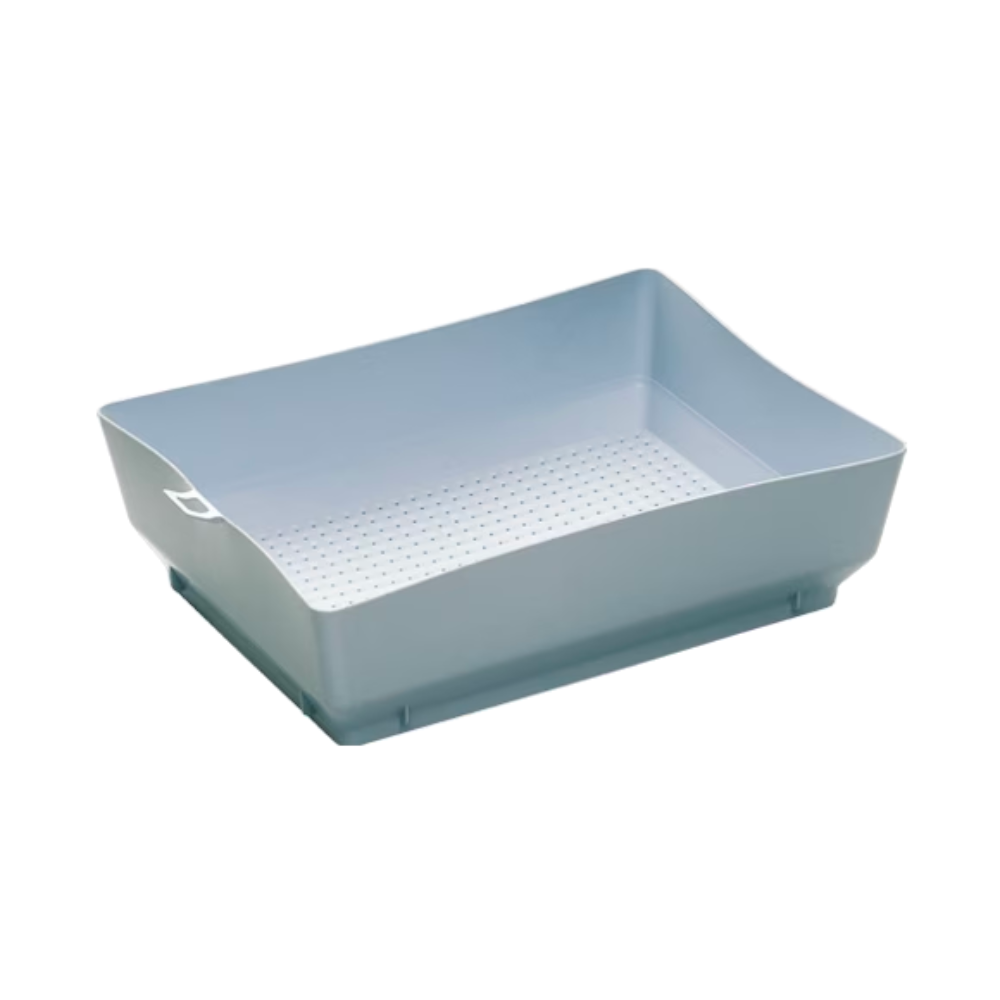 The Vileda sieve 444x339x124, offered by Vileda GmbH, is a light gray rectangular plastic container with slightly curved sides and a perforated bottom. It features a small handle on one side for easy handling in contamination control settings.