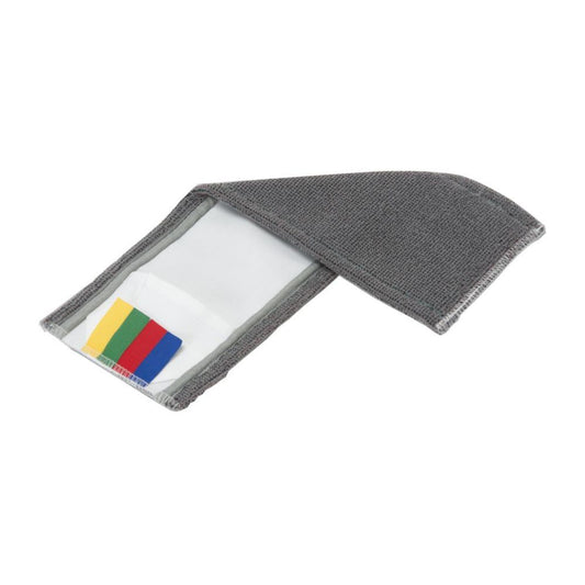 Der Vileda Professional SafeMop Wischmopp von Vileda GmbH verfügt über ein graues Stoffarmband mit einer durchsichtigen Tasche zur Anzeige von fünf farbigen Karten – schwarz, grün, gelb, rot und blau – perfekt für die Verwaltung von Reinigungssystemverfahren und die Gewährleistung einer optimalen Pflege von Sicherheitsböden.