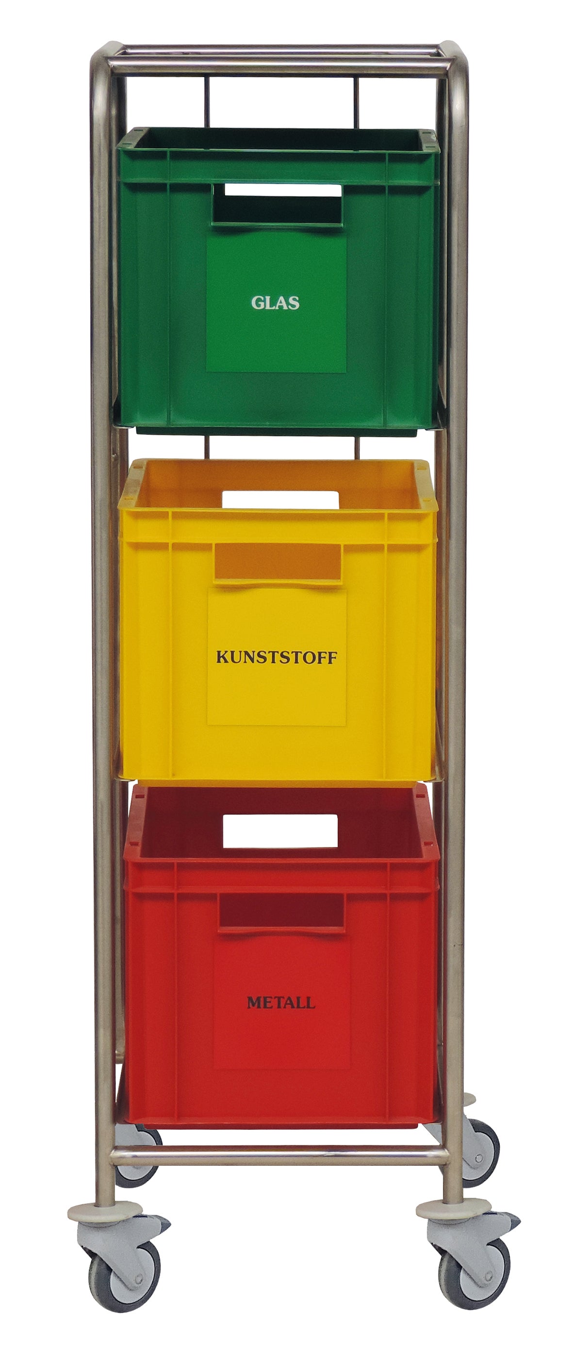 Der Novocal Wertstoffsammler mit farbigen Kunststoffkästen verfügt über einen Edelstahlrahmen und drei farbcodierte Behälter (grün "GLAS", gelb "KUNSTSTOFF", rot "METALL") für effizientes Recycling und Mülltrennung.