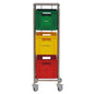 The Novocal recycling collector with colored plastic bins features a stainless steel frame and three color-coded containers (green "GLASS", yellow "PLASTIC", red "METAL") for efficient recycling and waste separation.