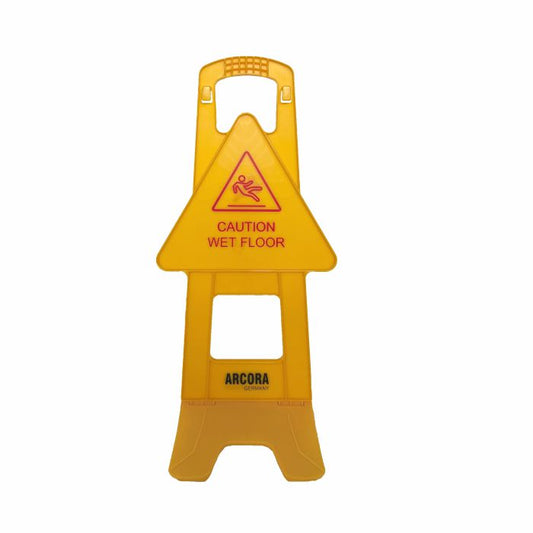 Ein aufrechtes gelbes Kunststoffschild "Arcora Warnschild Pinguin Englisch" der Arcora International GmbH mit rotem Warnsymbol und englischem Text ist auf weißem Hintergrund abgebildet. Das Schild wird in einem Karton mit 11 Stück geliefert.