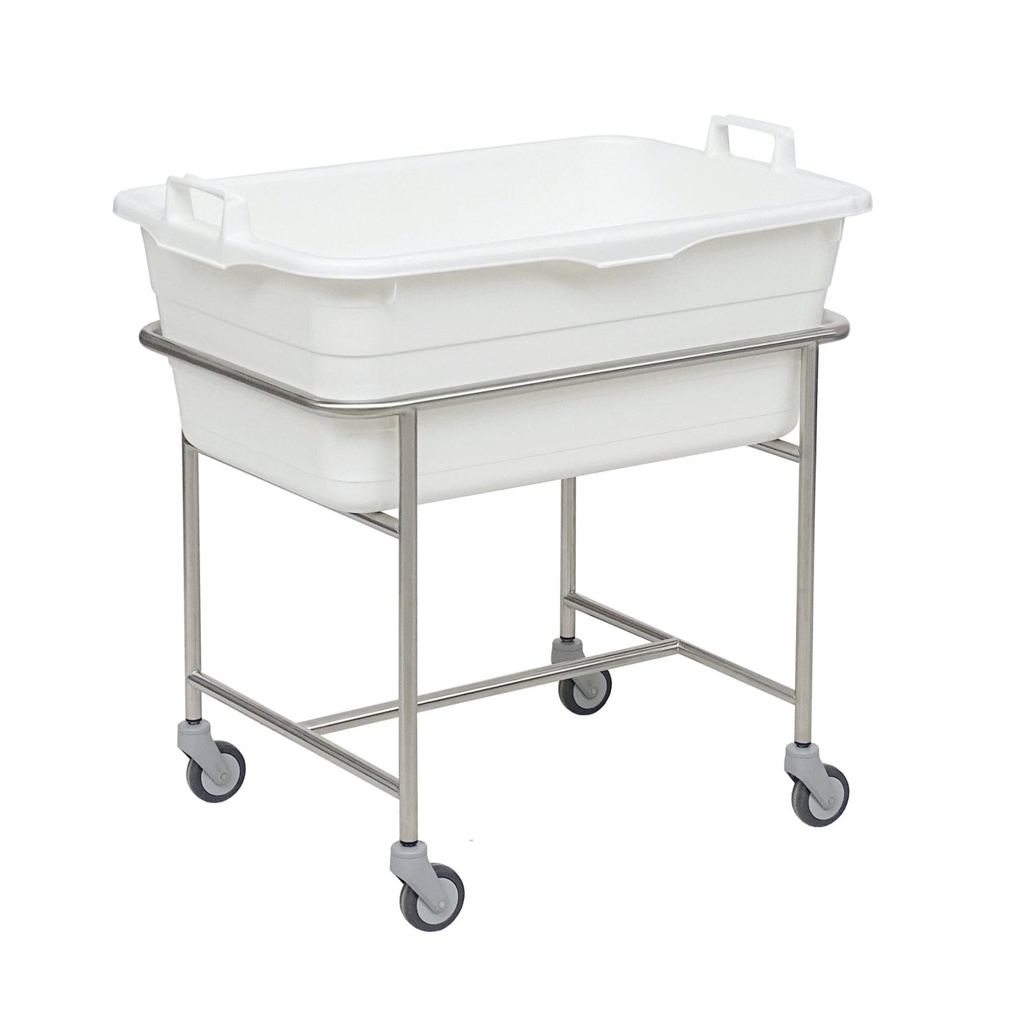 The Novocal stainless steel chassis is equipped with 4 easy-running swivel castors (Ø 75 mm) and carries a robust plastic tub with a capacity of 90 L, ideal for use in hospitals. Brand: Novocal. Package size: 1 piece.