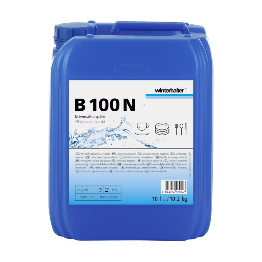 A blue 10-liter container with the Winterhalter B 100 N rinse aid from Altruan, which was developed for commercial dishwashers. The packaging features the product name, logos, and dish illustrations emphasizing the product's ability to ensure spot-free drying and suitability for various dishwashing applications.