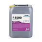 A large gray container with a yellow lid and the inscription "Winterhalter F 8500 Dish Universal Cleaner 25 kg | 1 kg" displays purple graphics and utensil symbols. This all-purpose cleaner developed by Altruan effectively removes stubborn dirt in commercial dishwashers.