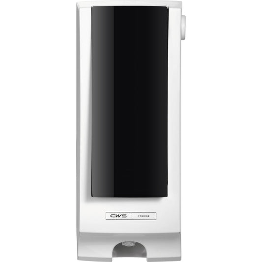 Der CWS Frontpanel für Paradise Seatcleaner von CWS ist ein weiß-schwarzer, rechteckiger Wandspender mit schlichtem Design und "CWS HYGIENE"-Label - perfekt für die Toilettenhygiene.
