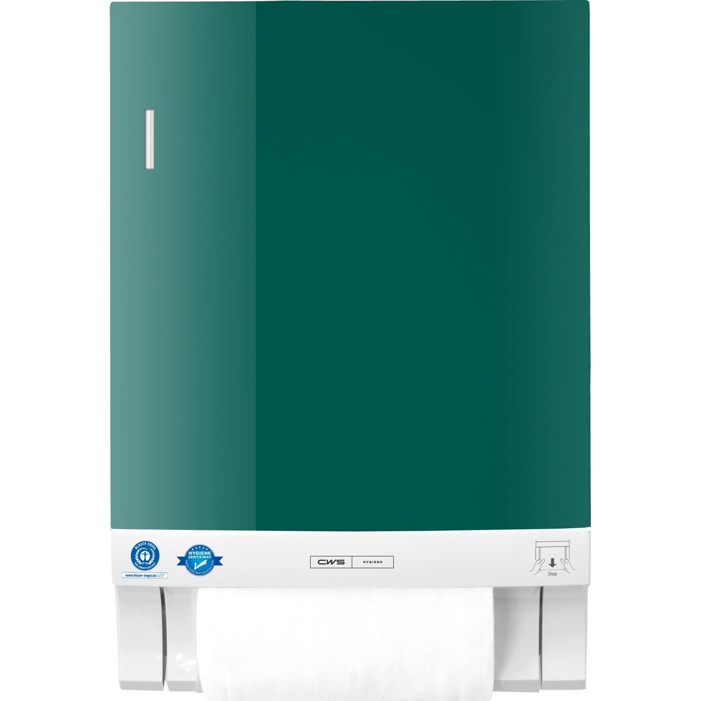 A CWS front panel for the Dry Slim fabric towel dispenser in green, with a small white window on the left side, two certification stickers, and a visible paper towel roll at the bottom.