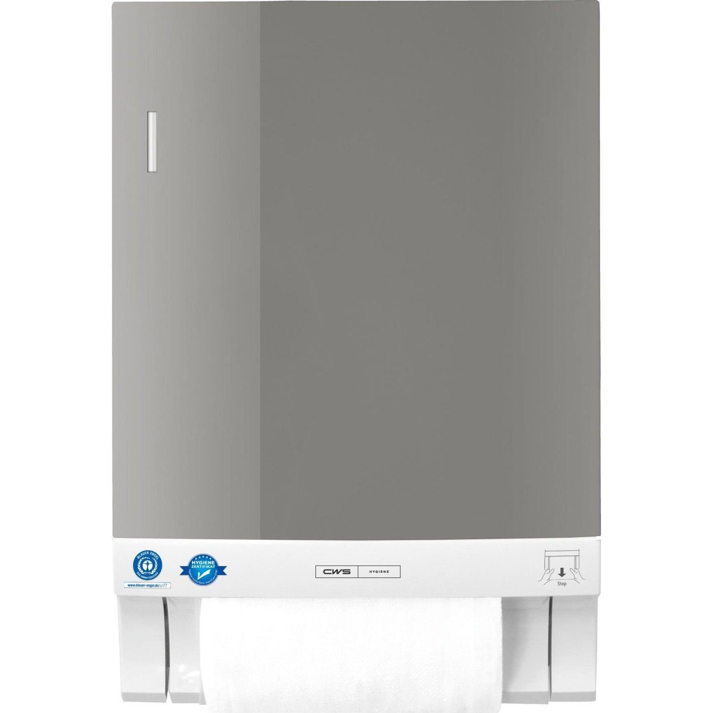 The CWS front panel for the Dry Slim fabric towel dispenser has a gray front, a white base, and holds a paper towel roll underneath; two blue certification stickers are located at the bottom left. Brand: CWS.