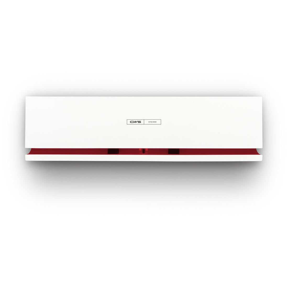 Ein weißes, rechteckiges CWS Frontpanel für Duftspender Air Bar mit modernem Design, einem roten Akzent am Boden und einem "CWS Hygiene"-Label in der Mitte.